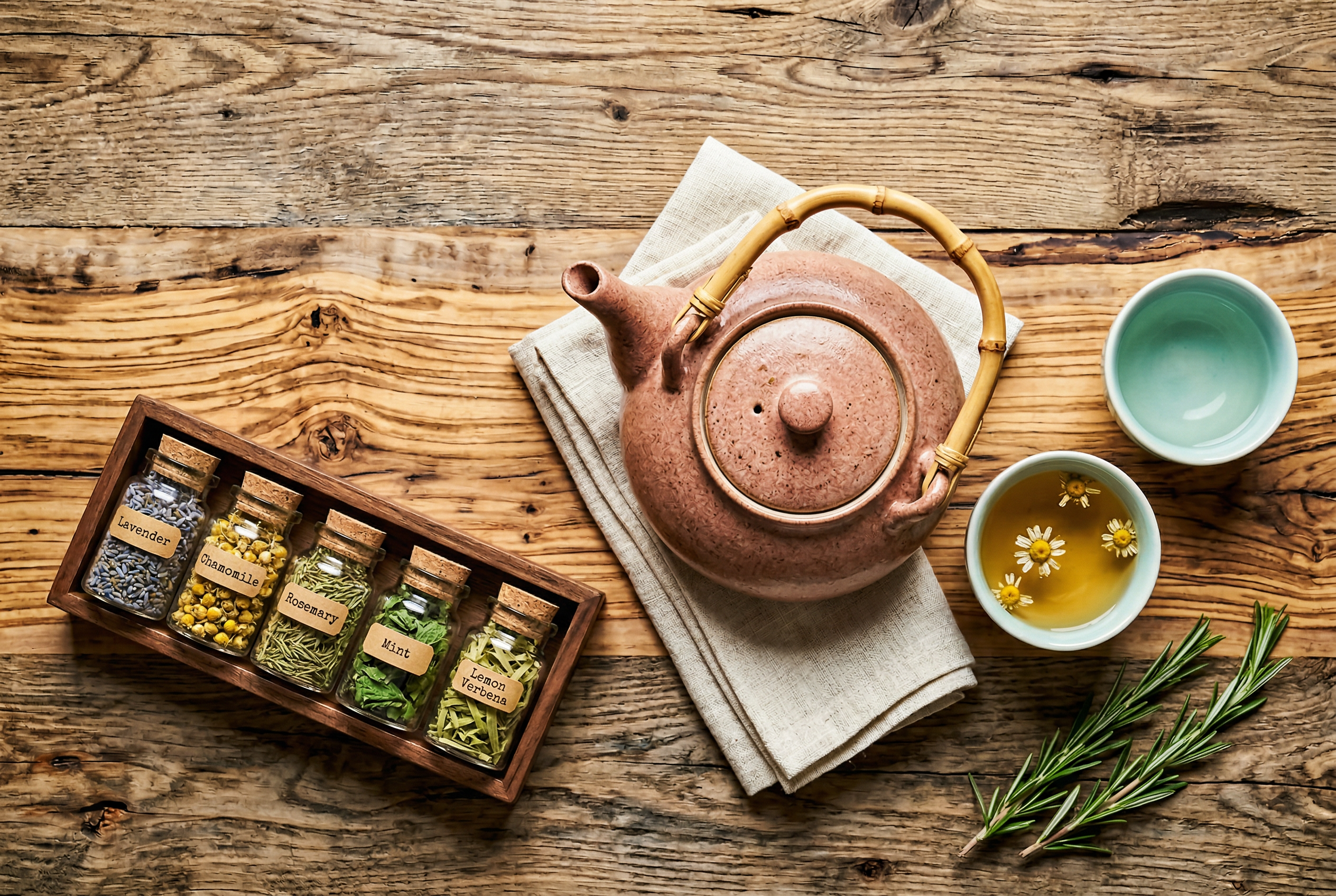 Zeytin ağacı masasında seramik çaydanlık ve bitkisel çaylar