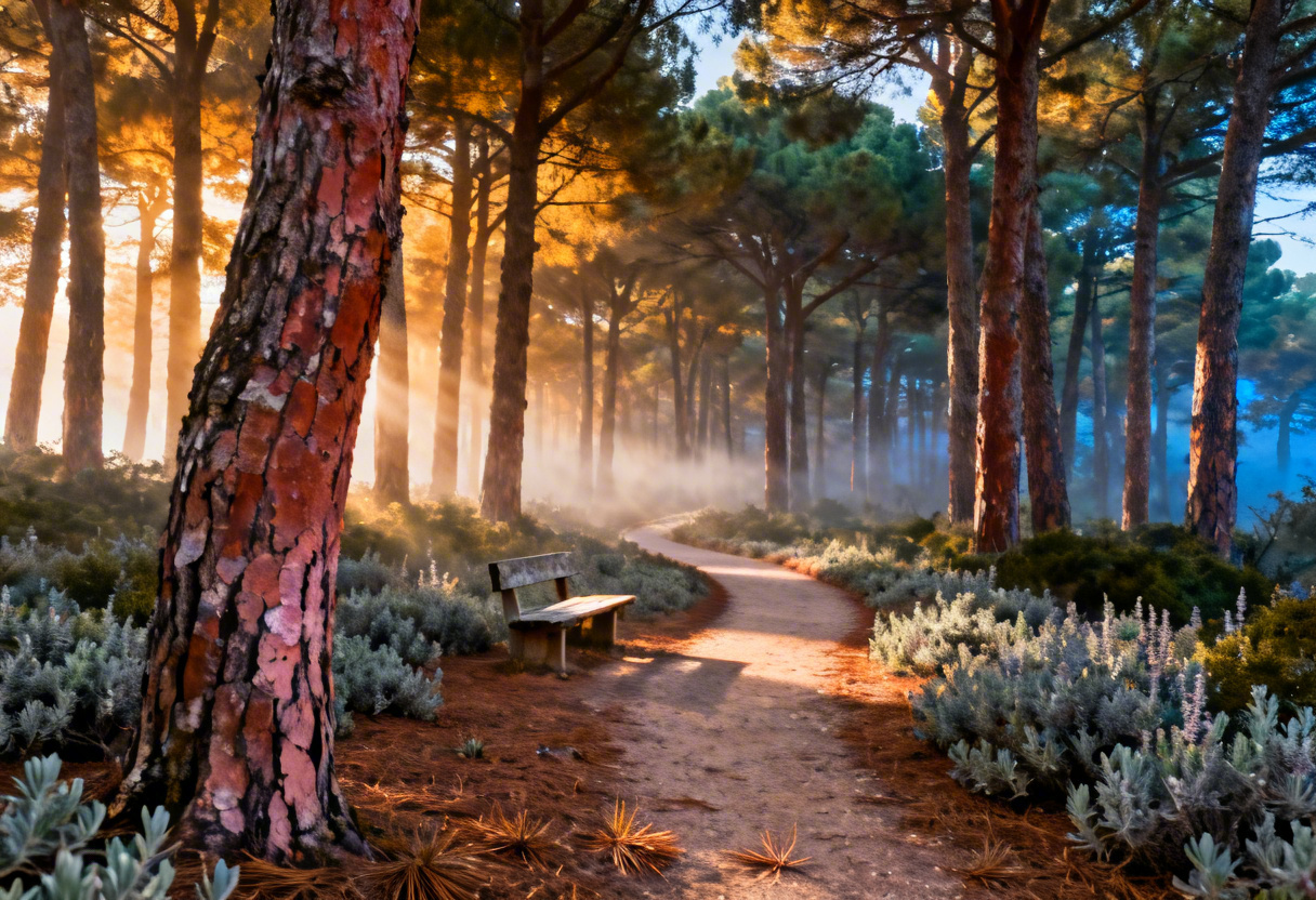 Sabah sisli çam ormanında küçük ahşap banklı patika