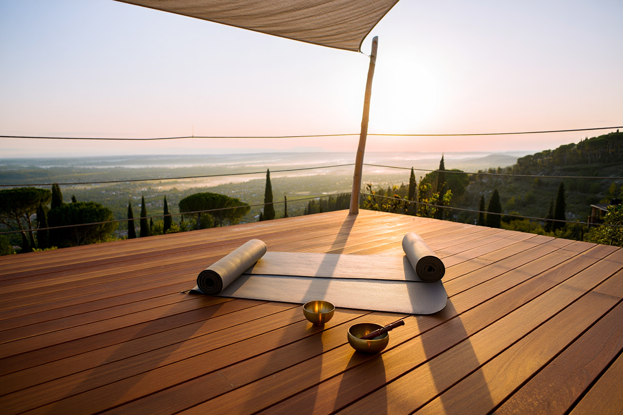 Tepedeki ahşap yoga terasında sabah ışığında iki mat