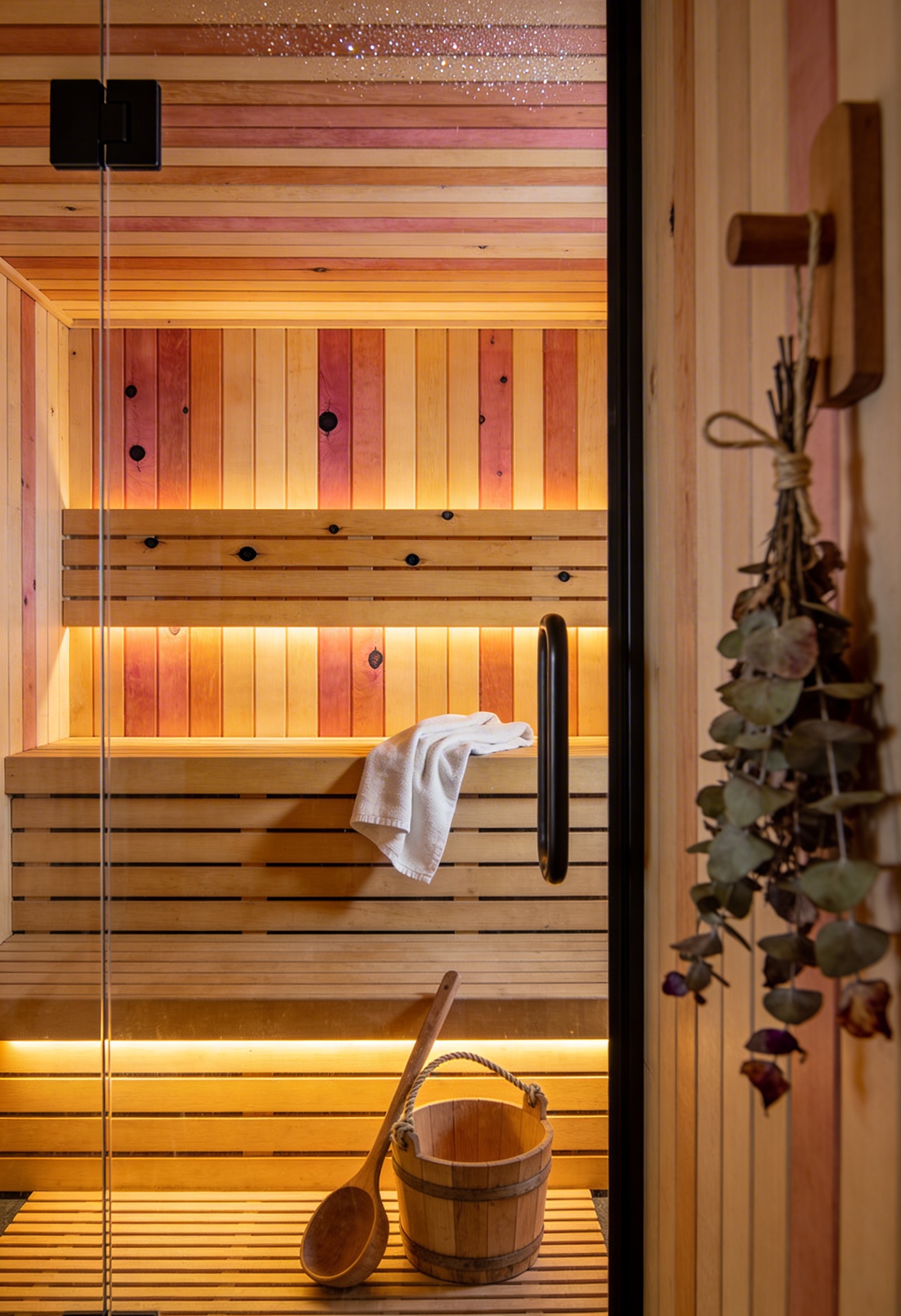 Sedir ağacı kaplama kuru saunanın cam kapısından görünüm