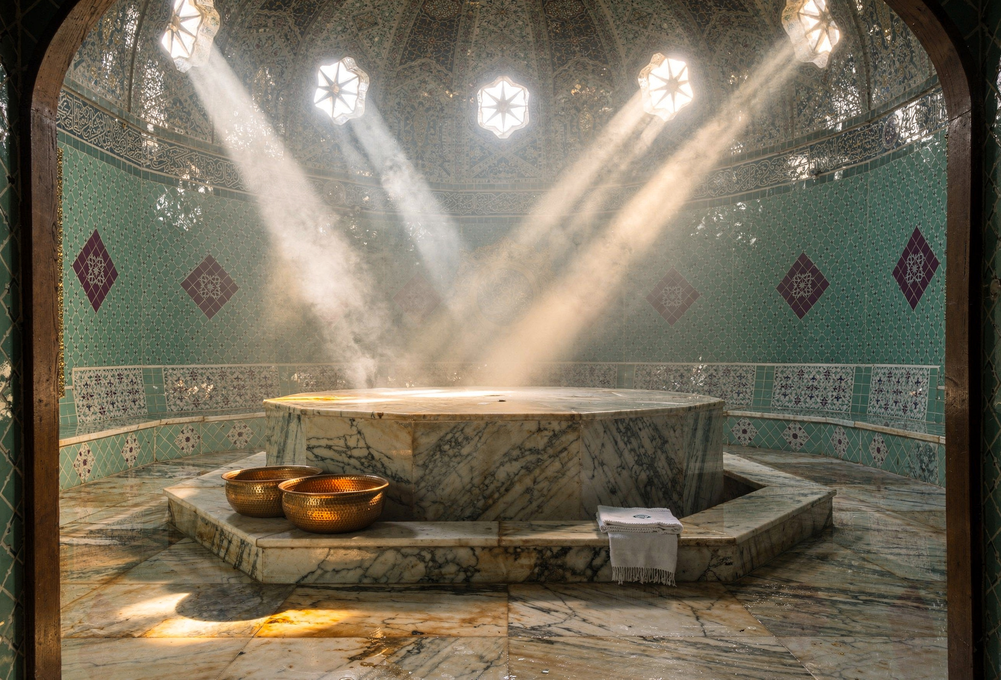 Geleneksel Türk hamamı kubbeli tavan ve mermer göbek taşı