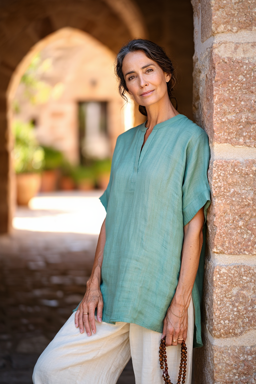 Taş kemerde duran deneyimli kadın yoga eğitmeni